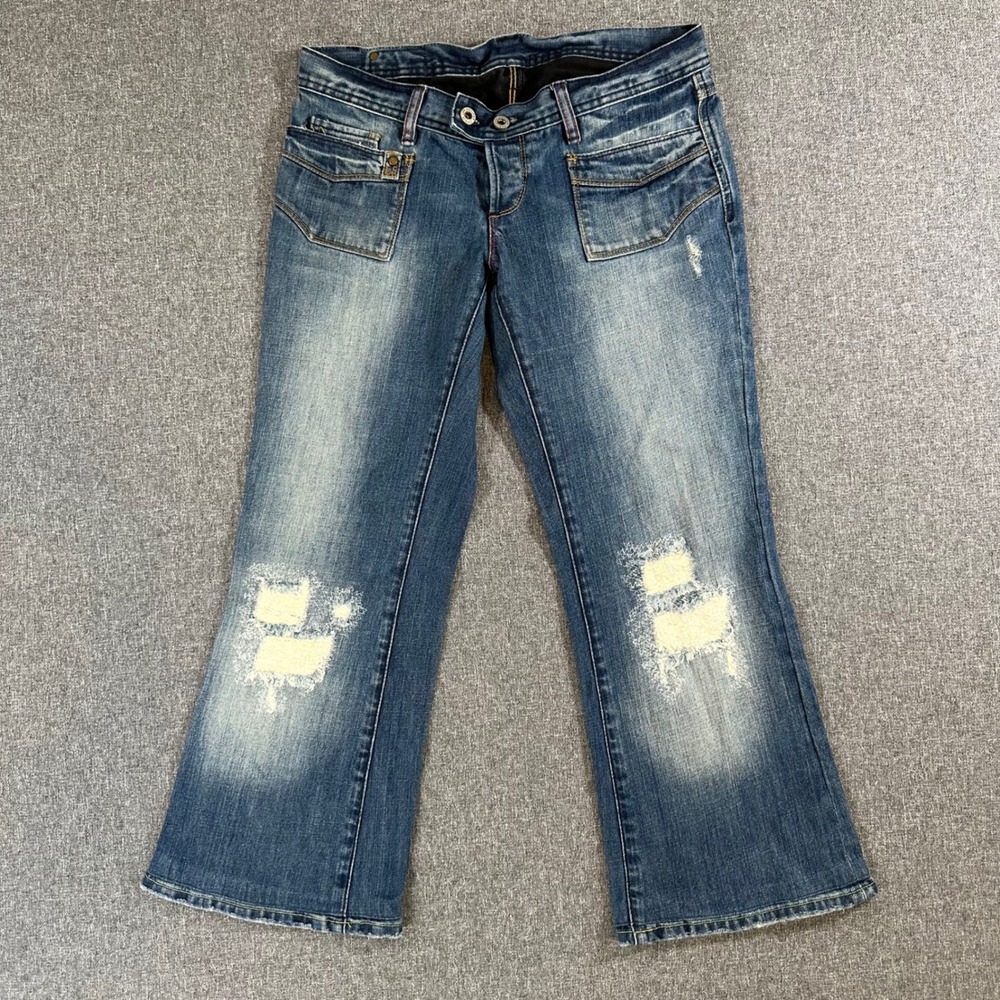 Lee Cooper Premium Denim Jeans Womens 29 Blue Distressed Y2K Flare Low Rise